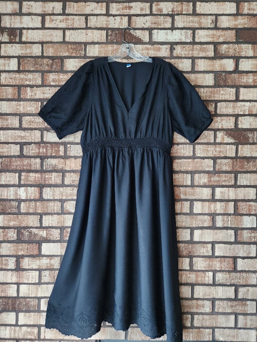 Old Navy Black Cotton Dress Raised Elastic Waist Eyelette Puff Sleeves and Hem L